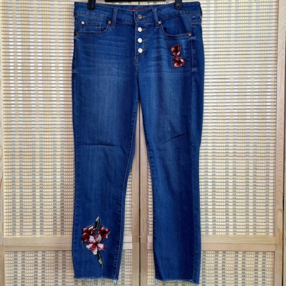 Guess Blue Straight Leg Jeans with Floral Embroidery